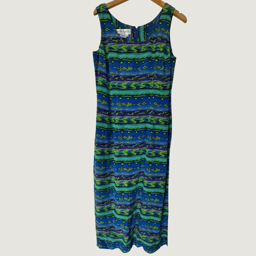 Maggy London Vintage 100% Silk Maxi Dress Blue Green Geometric Print Size 14